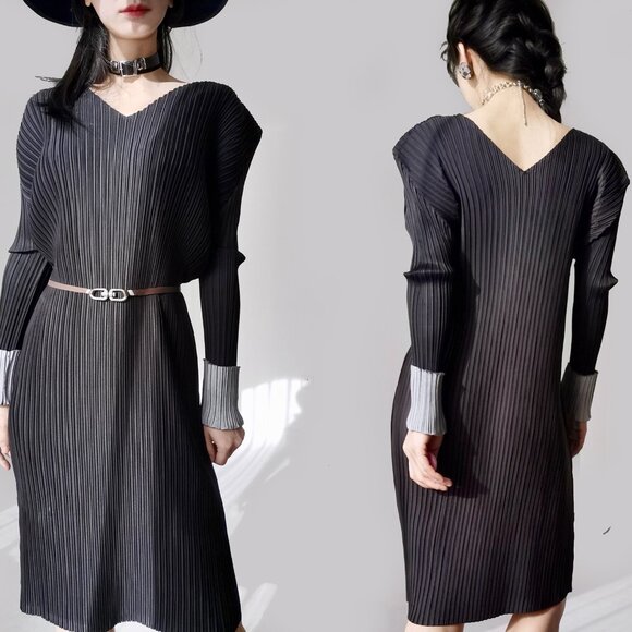 Issey Miyake Charcoal and White Long Sleeve Dress - Picture 5 of 9